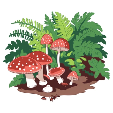 A close-up view of a temperate forest floor with mushrooms, ferns, and insects