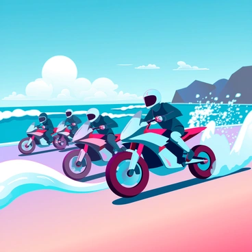 A group of sleek motorcycles racing along a sandy beach, kicking up clouds of dust as they speed forward. The riders, wearing futuristic helmets and gear, lean into their turns, showcasing a dynamic posture. Nearby, waves crash with great force against the shore, sending sprays of water into the air. The bright sun glimmers off the ocean, creating a sparkling effect on the water. In the background, distant cliffs rise dramatically, adding depth to the scene. The sky is a vivid blue, dotted with a few fluffy white clouds.