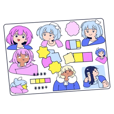 A digital mood board with a variety of vibrant colors and textures. The board showcases multiple images of anime characters with distinct styles and features. There are character sketches with dynamic poses and unique outfits, surrounded by swatches of soft pastel colors and bold, bright hues. The layout includes snippets of accessories and hairstyles, providing inspiration for character design. Each section of the board highlights different aspects such as facial expressions, clothing details, and color palettes, all arranged in an organized and visually appealing manner.