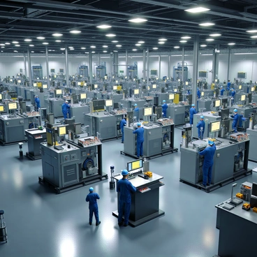 A factory floor filled with large industrial machines, some towering and metallic, casting reflections on the polished concrete surface. Various gears, both large and small, are interlocked and visibly turning, showcasing intricate designs. Control panels with a multitude of buttons and digital displays illuminate the area with bright colors. Workers in blue overalls and safety helmets are actively engaged in their tasks, adjusting settings on the machines and monitoring production. Overhead, bright fluorescent lights cast a stark illumination across the space, highlighting the bustling activity throughout the factory.