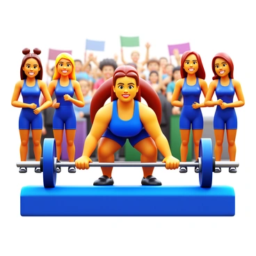 A group of women powerlifters in athletic wear, with varying hairstyles and expressions of determination, are gathered around a competition platform. They are cheering each other on as one of the lifters prepares to execute a deadlift. The lifter is positioned with a barbell on the ground, showcasing a focused expression and a strong stance. The background features a cheering audience, with some spectators holding banners and clapping. The atmosphere is filled with excitement and encouragement, capturing the spirit of camaraderie and competition.