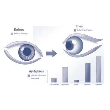 A detailed chart illustrating the changes in eye health before and after cataract treatment. On the left side, the "Before" section features an image of an eye with visible cataracts, accompanied by labeled indicators showing the cloudiness of the lens and reduced vision. On the right side, the "After" section displays a clear eye, emphasizing the improved vision and clarity post-treatment. The chart includes numerical data points and graphs to represent visual acuity improvement, with arrows indicating the progression from pre-treatment to post-treatment conditions.
