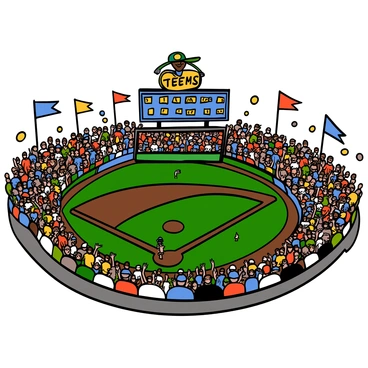 A large scoreboard displaying scores at a baseball stadium. The scoreboard shows bright numbers indicating the scores of the teams in large, bold font, along with an animated team logo on top. Crowds of excited fans fill the stadium seats, wearing various team jerseys and hats. Some fans are standing and cheering, while others are sitting and chatting. The field is vibrant green, with players in colorful uniforms visible. The sun is shining down, creating a lively atmosphere filled with energy and anticipation.