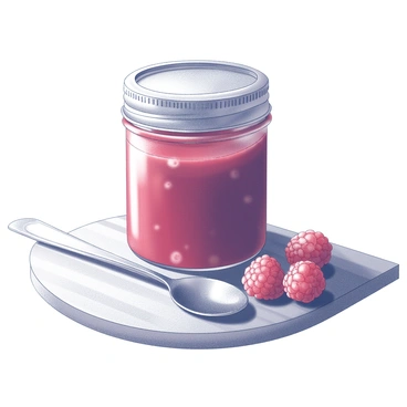 A glass jar filled with homemade raspberry jam sits on a wooden table. The jar has a metal lid, and some jam is spread around the rim. Next to the jar, a small pile of fresh raspberries is arranged, showcasing their plump, textured surfaces. A silver spoon rests beside the raspberries, reflecting the light with a polished sheen. The scene conveys a sense of freshness and homemade goodness.