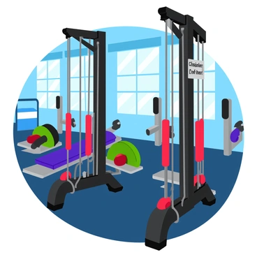 A cable crossover machine in a modern gym setting, featuring two vertical towers with adjustable pulleys on each side. The towers are matte black with chrome accents and are anchored to a rubberized gym floor. The cables are thick and sturdy, with bright red grips attached. The machine is surrounded by various gym equipment, including dumbbells and benches, with mirrors reflecting the setup in the background. Natural light filters through large windows, illuminating the space and highlighting the sleek design of the machine. "Cable Crossover Machine" is prominently displayed on a small plaque on one of the towers.
