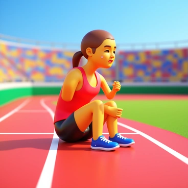 A runner sitting on an athletic track surface, gripping their right foot with a pained expression. The runner is wearing a bright red tank top and black running shorts. Their athletic shoes are slightly scuffed, indicating they have been in motion. The runner's hair is styled in a ponytail, and beads of sweat are visible on their forehead. Surrounding the runner are white lane markings on the track, as well as sections of green grass beyond. A blurred background depicts bleachers filled with spectators and a clear blue sky above.
