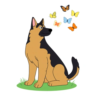 A German shepherd with a thick black and tan coat is sitting on a grassy patch, its ears perked up and eyes wide with curiosity. The dog is leaning forward slightly, fixated on a colorful group of butterflies that are fluttering gracefully around it. The butterflies come in various colors, including bright yellow, orange, and blue, creating a lively display in the air. The sun casts a warm glow, highlighting the dog's shiny coat and the vibrant colors of the butterflies as they dance in the gentle breeze.