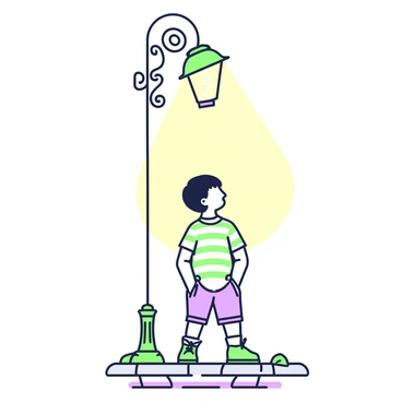 A young boy is standing under a vintage street lamp. The lamp is ornately designed with intricate details and a round glass shade. The boy has short hair and is wearing a striped shirt and shorts. He is gazing up at the lamp, with his hands tucked into his pockets. The warm glow from the lamp creates a soft illumination around him, highlighting his features and the ground below. The cobblestone street beneath his feet is visible, with shadows cast in various directions. A few leaves can be seen scattered around the base of the lamp.