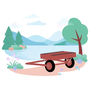 An empty cart parked by a tranquil lakeside