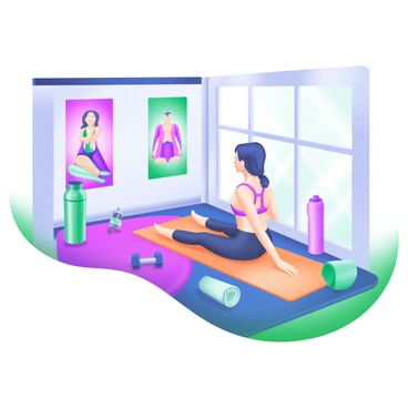 A modern pastel illustration of a home workout setup. In the center, a person is practicing scapular retraction exercises on a brightly colored yoga mat. The individual is in a seated position, with their back straight and shoulders pulled back, demonstrating proper form. Surrounding the mat are various workout items, including a set of dumbbells, a water bottle, and a rolled-up towel. The background features exercise posters on the wall, showcasing different fitness routines, and a large window allowing natural light to fill the room.