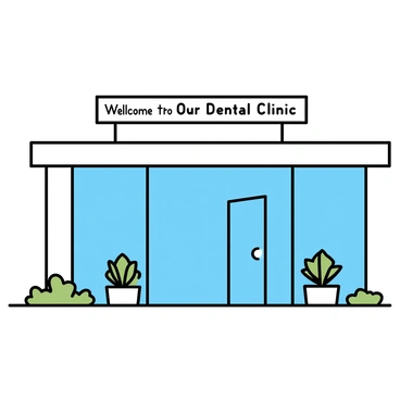 A modern dental clinic with a sleek glass facade, featuring large windows that allow natural light to fill the interior. The entrance has a welcoming sign that reads "Welcome to Our Dental Clinic" in bold, friendly letters. Potted plants are placed on either side of the entrance, adding a touch of greenery. The building is surrounded by a neatly landscaped area with small shrubs and flowers, enhancing the inviting atmosphere.