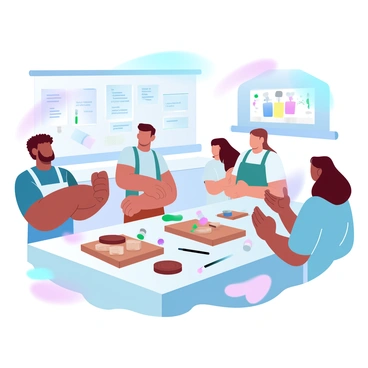 A group of diverse individuals is engaged in a community class setting, surrounded by various materials related to different skills. One person is demonstrating woodworking techniques with wooden pieces and tools on a table. Another individual is teaching a cooking method, showcasing a colorful array of fresh ingredients on a nearby counter. A third person is showing how to paint on a canvas, with vibrant paints and brushes scattered around. In the background, a bulletin board displays flyers and notes about upcoming classes and events. The atmosphere is vibrant, filled with enthusiasm and collaboration.
