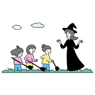A young witch with a pointed hat and a flowing black dress stands in an open field. She is smiling as she instructs a group of children, who are eagerly holding broomsticks. The children, dressed in colorful clothes, are scattered around her, some attempting to mount their broomsticks while others watch intently. The sky above is clear with a few fluffy white clouds, and the grass in the field is a vibrant green. The witch gestures with her hands, demonstrating the proper flying stance.