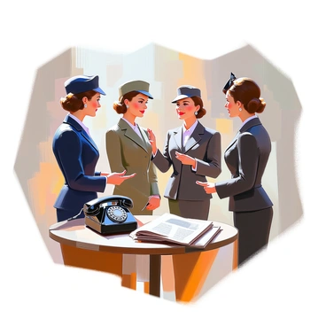 A 1940s wartime fashion scene featuring several women dressed in smart, tailored suits with precise lines and strong silhouettes. Each woman is wearing a different colored suit, including navy, charcoal gray, and a muted olive green. They are accessorized with vintage hats that add elegance to their looks. Their lips are painted in bold red lipstick, contrasting with the somber tones of their outfits. The women are engaged in conversation, showcasing a sense of camaraderie, with one woman adjusting her hat while another gestures animatedly. The setting includes period-appropriate props like a vintage telephone and a small wooden table with a neatly folded newspaper resting on it.