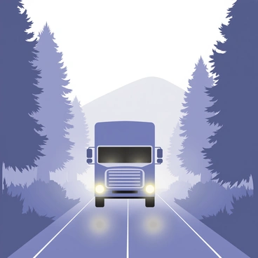 A large truck with its headlights on is driving down a narrow road shrouded in dense fog. The beams of light from the truck's headlights cut through the mist, illuminating swirling particles in the air. The road is lined with shadowy trees on either side, their silhouettes barely visible in the thick fog. In the distance, the outline of a hill can be seen, emerging faintly from the haze. The scene creates an atmosphere of quiet anticipation, capturing the mystery of a misty morning.