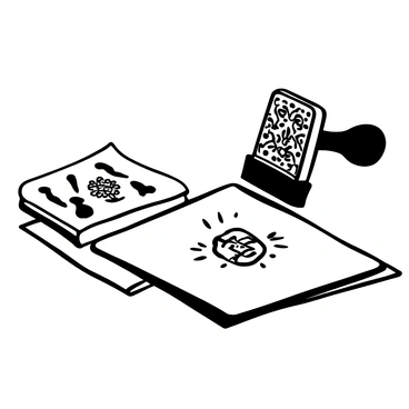 A traditional stamp with intricate designs is shown in the process of being pressed onto a sheet of paper. The stamp features ornate patterns, with detailed silhouettes and decorative elements. The paper lies flat on a wooden table, with the stamp hovering just above it, showing a slight indentation where it will make contact. Additional parchment sheets are stacked nearby, hinting at a series of prints being made.