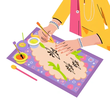 A henna artist focused on decorating a hand with intricate designs. The hand is positioned flat on a colorful cloth covered with traditional patterns. The artist is using a cone filled with brown henna, carefully applying delicate floral and geometric patterns on the skin. Surrounding the artist are small containers with various shades of henna paste, and a few brushes placed beside them. The artist wears vibrant traditional clothing, and there are decorative elements such as beads and jewelry adorning their wrists. The scene conveys the detailed process of henna application, highlighting the beauty of the designs being created.