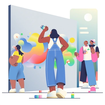 A woman named Sarah with medium brown skin and shoulder-length black hair is standing in front of a large concrete wall, actively painting a mural. She is wearing a white tank top splattered with colorful paint and denim overalls. In her right hand, she is holding a can of spray paint, while a few more cans in vibrant colors are scattered at her feet. The mural features a vibrant blend of abstract shapes and colors, with splashes of blue, yellow, and red visible. A small crowd of onlookers is gathered nearby, observing her work. The sun is shining brightly, casting shadows from nearby buildings onto the scene.