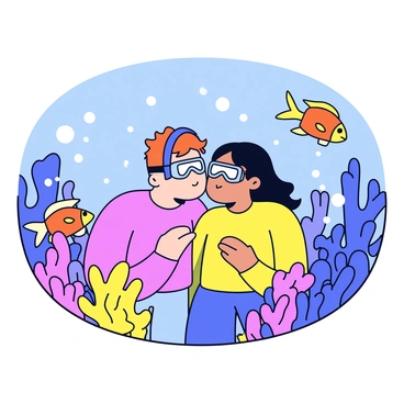 A couple kissing underwater, both wearing matching snorkeling gear. The water is a clear blue, allowing light to filter through and create a sparkling effect. Surrounding them are vibrant fish in shades of orange, yellow, and blue. Colorful coral formations in various shapes and sizes are present in the background, adding depth to the scene. Bubbles can be seen rising around them, capturing the moment of intimacy in a lively underwater setting.