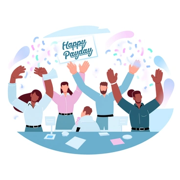 A group of colleagues is gathered in an office, surrounded by desks and office supplies. Several individuals are seen throwing colorful confetti into the air, creating a lively atmosphere. One person is holding a stack of papers in one hand while tossing confetti with the other. Another colleague has raised both arms in celebration, with a cheerful expression suggesting joy. Streamers and balloons are part of the decor, adding to the festive scene. "Happy Payday" is written in a large, bold font on a poster hung on the wall behind them. The overall scene captures the excitement of a celebratory moment.