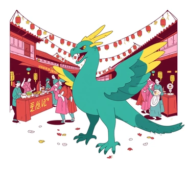 A teal griffon stands proudly in the center of a vibrant festival. The griffon has striking golden feathers on its wings and a fierce yet friendly expression. Surrounding the griffon are colorful townsfolk, wearing traditional festive attire, laughing and celebrating. Banners and bright lanterns hang between the buildings, creating a lively atmosphere. Some townsfolk are dancing, while others are playing musical instruments, adding to the joyful scene. The ground is adorned with scattered petals, and there are stalls in the background offering various festive treats.