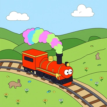 A tiny cartoon steam engine with a bright red body and yellow trim is chugging along a winding track. The engine features large, expressive eyes on the front, giving it a cheerful personality. It is puffing out colorful smoke in vibrant shades of pink, blue, and green, swirling into the sky. The lush valley surrounding the train is filled with rolling green hills dotted with wildflowers in various colors. In the background, a clear blue sky stretches above, with fluffy white clouds lazily drifting by. Small animals, like rabbits and birds, can be seen peeking out from the grass, adding to the playful scene.