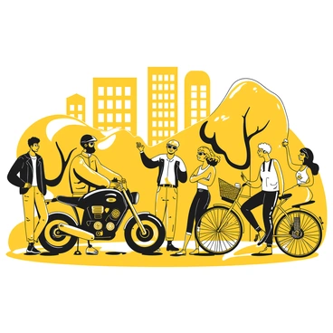 A diverse group of bikers gathered in a city square, showcasing a variety of styles and personalities. One biker with a beard is leaning against a sleek black motorcycle, wearing a leather jacket and sunglasses. Another individual with colorful hair is sitting on a classic bike, wearing a helmet and chatting animatedly with friends. A woman with tattoos is standing next to a vintage bicycle, holding a drink and laughing. The background features tall buildings and trees surrounding the square, creating a lively urban atmosphere. Each biker's bike reflects their unique character, with different models and designs present in the scene.
