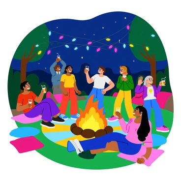 A vibrant party scene with a group of diverse people dancing joyfully around a crackling bonfire. The bonfire is surrounded by several colorful blankets and cushions, creating a cozy seating area. Some partygoers have drinks in their hands, while others are energetically moving to the music. Brightly colored string lights are hanging from nearby trees, illuminating the atmosphere with warm, cheerful light. The sky above is filled with stars, adding to the lively nighttime ambiance. Laughter and smiles are evident on everyone's faces, capturing the essence of celebration.