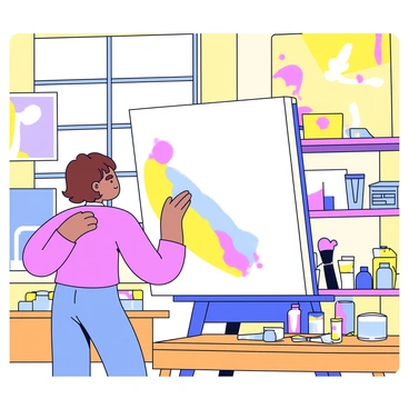An artist using a sponge to create a textured painting on a canvas in a sunny studio.