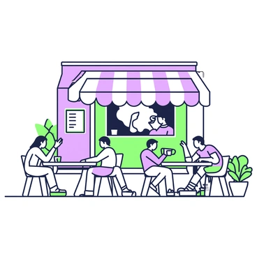 A quaint coffee shop is depicted with outdoor seating arranged neatly on a patio. There are several round tables with chairs surrounding them. Customers are seated at the tables, engaged in conversation while enjoying drinks. Some customers have cups in their hands, and others are leaning in to talk animatedly. A small counter is visible at the front of the shop, with a menu board hanging above. Potted plants are placed at the edges of the patio, adding a touch of greenery to the scene. The entire illustration is created using green and purple outlines, giving it a distinct and artistic look.