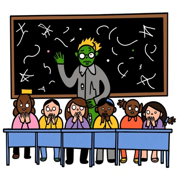 A zombie teacher with pale green skin and disheveled hair is standing in front of a blackboard filled with chaotic scribbles. The teacher is wearing tattered clothing and glasses that are slightly askew. Their eyes are wide and unblinking, adding to the eerie atmosphere. In front, a group of frightened students with various skin tones and hairstyles are seated at their desks, looking wide-eyed and terrified. Some students are covering their mouths with their hands, while others are leaning back in their chairs, their eyes fixed on the zombie teacher. The classroom is dimly lit, with cobwebs hanging from the corners, enhancing the spooky environment.
