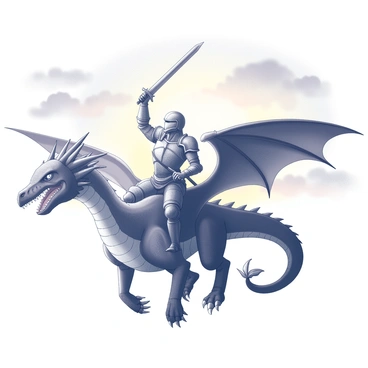 A warrior clad in detailed armor is seated on the back of a dragon. The dragon has large, outstretched wings and large, sharp claws, showcasing its power and majesty. The warrior holds a sword aloft, displaying confidence and bravery. The sky is filled with dynamic cloud formations, and the sun is setting, casting a warm glow across the horizon. The dragon's scales are depicted with intricate texture, and its eyes are focused ahead as it soars through the sky.