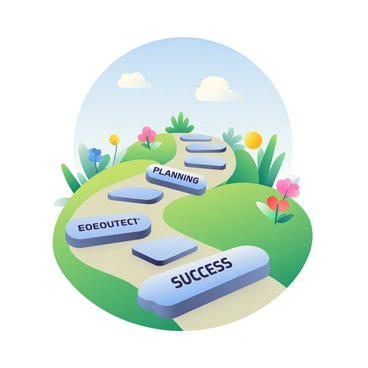 A 3D path with stepping stones is winding through a lush green landscape, each stone representing a different stage of a business journey. The stepping stones are various shapes and sizes, some rectangular and others oval, each engraved with words like "Planning," "Execution," "Growth," and "Success." The path is framed by colorful flowers and small shrubs, adding vibrancy to the scene. In the background, a clear blue sky is visible, and a few fluffy white clouds float gently. The overall composition invites the viewer to envision movement along the path, symbolizing progression and achievement.