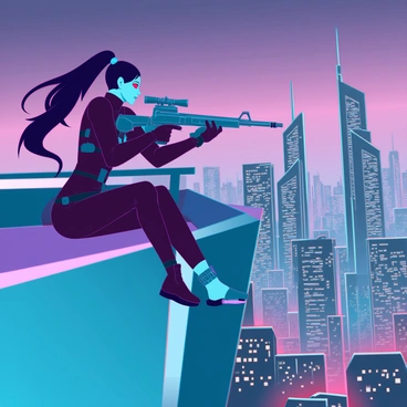 A female sniper with blue skin and bright red eyes, known as Widowmaker, is perched on a sleek, modern rooftop. She is wearing a skin-tight, dark bodysuit with tactical gear, blending seamlessly with her surroundings. Her long, dark hair flows behind her in the wind, and she is holding a high-tech sniper rifle, aiming through the scope with intense focus. Below, a sprawling futuristic cityscape stretches into the distance, with glowing neon lights and towering skyscrapers visible under a twilight sky. The scene captures the tension and anticipation of her mission as she prepares to take her shot.