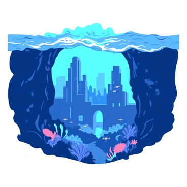 A deep blue ocean surface is broken by a mysterious gap in the waves, revealing an ancient underwater city illuminated by faint, glowing lights. The city features tall, intricately designed buildings made of coral and stone, with archways and towers visible through the clear water. Schools of colorful fish swim around the structures, and colorful coral reefs surround the cityscape, adding vibrancy to the scene. Above the gap, the turbulent waves crash against each other, creating a stark contrast to the serene beauty below the surface.