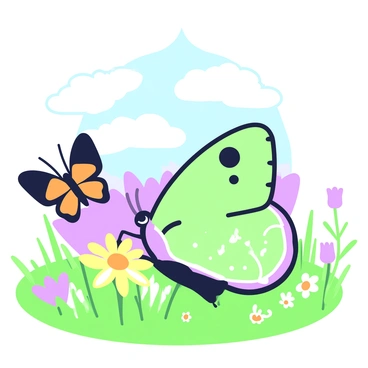 A "luna moth" with large, pale green wings is resting on a vibrant flower in a sunlit meadow. The moth's wings are adorned with subtle patterns and eye spots. Nearby, a colorful "butterfly" with orange and black wings flutters gracefully, poised above a patch of "yellow daisies." The meadow is dotted with various wildflowers, and green grass sways gently in the breeze. In the background, a soft blue sky peeks through scattered clouds, creating a tranquil atmosphere.