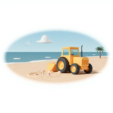 A yellow tractor, featuring large rear wheels and a front bucket, is actively cleaning the sandy shores of a beach. The tractor is moving along the shoreline, with sand being pushed aside, creating a neat path. In the background, gentle waves are lapping against the shore, while a few scattered seashells and small rocks are visible on the sand. A clear blue sky stretches overhead, with a few fluffy white clouds drifting. A distant palm tree stands along the beach, adding to the serene atmosphere of the scene.