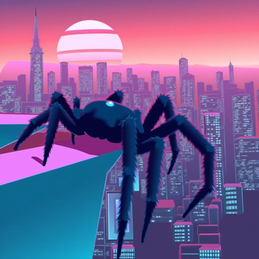 A large tarantula with dark, hairy legs is crawling along a narrow ledge. The spider's body glistens slightly in the fading light. Below, a sprawling city skyline is visible, with tall buildings and skyscrapers silhouetted against the vibrant colors of a sunset, featuring deep oranges and purples blending into the sky. The ledge is set high above the city, giving a dramatic perspective of the urban landscape as the last rays of sunlight reflect off the glass windows of the buildings.