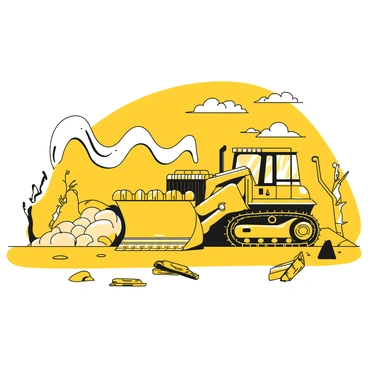 A bulldozer with large tracks is moving forward on a beach, pushing aside piles of debris left by a recent storm. The bulldozer is painted in yellow and has a strong metal blade at the front. In the background, crashing waves create a dynamic scene, with white foam forming atop the water's surface. The sky above is cloudy, reflecting the aftermath of the storm, while scattered pieces of wood and sand lie across the beach.