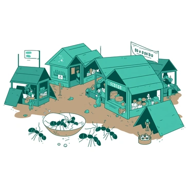A teal ant marketplace is filled with tiny wooden stalls, each displaying a variety of miniature goods. There are ants of different sizes bustling around, some carrying small items while others are negotiating with stall owners. The stalls are adorned with colorful banners and are set on a brown dirt path. In the background, several ants are collaborating to transport a large crumb, their bodies working in unison as they maneuver through the busy scene. The atmosphere is lively, with ants interacting and creating a vibrant community feel.