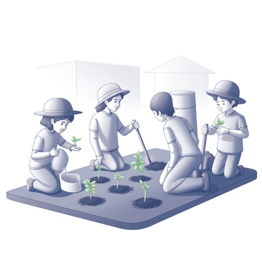 A group of children is kneeling in a garden, each holding small seedlings ready to be planted. They are surrounded by garden tools, such as shovels and watering cans. The children are wearing hats to shield themselves from the sun and are focused on their task. The garden has neat rows prepared for planting, and the soil is dark and rich. In the background, a school building is partially visible, indicating the setting. The sky above is clear, suggesting a bright, sunny day.