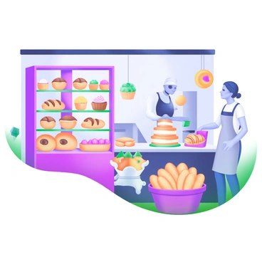 A busy bakery scene filled with various pastries and cakes. The display shelves are overflowing with items such as croissants, eclairs, and cupcakes, each topped with colorful sugary glazes. Behind the counter, a baker in an apron is skillfully frosting a multi-layered cake. The walls are adorned with charming decorations, and there are customers eagerly selecting treats. A basket overflowing with fresh bread sits near the entrance, inviting people to step inside.