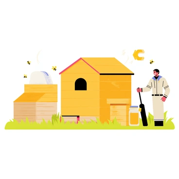An array of traditional and modern beekeeping tools arranged around an open hive. The traditional tools include a wooden beehive, a smoker made of stainless steel with a leather bellows, and a honey extractor with a crank handle. The modern tools feature a clear observation hive with bees visible inside, a digital hive scale, and a protective bee suit with a veil hanging nearby. The ground is covered with green grass, and there are bees flying around the hive. A small jar of honey sits next to the hive, glistening in the sunlight.