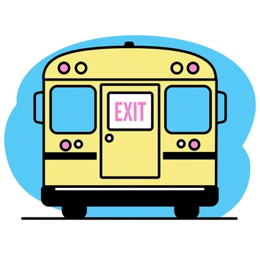 A school bus, viewed from the back, features an "emergency exit door" prominently in the center. The door is marked with a bold "EXIT" sign in bright red letters. The surrounding area includes a yellow exterior typical of school buses, with large tinted windows on either side. The bus has a simple design, with a single rear light on top and a reflective strip along the bottom edge. The background is a clear blue sky, enhancing the focus on the bus's details.