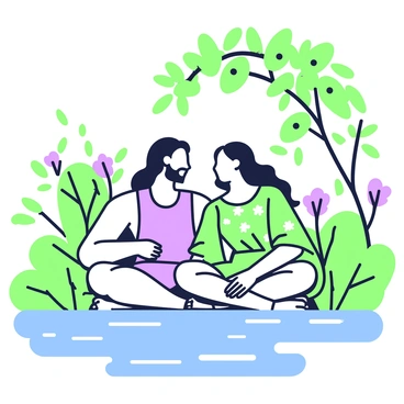 Samson and Delilah are sitting side by side on a riverbank. Samson has long hair, his strong physique visible under a simple tunic. Delilah, with flowing hair, is wearing a flowing dress adorned with intricate patterns. They are gazing into each other's eyes, their faces displaying affection. Around them, the river flows gently, reflecting the vibrant greenery of the lush foliage that encircles them. There are leafy branches overhead providing dappled shade, while flowers peek through the greenery. The tranquil water of the river glistens, completing the idyllic scene.