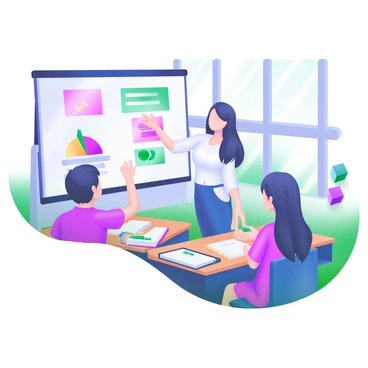 A classroom setting with a teacher standing in front of a whiteboard. The teacher is pointing to colorful charts that illustrate financial literacy concepts, such as budgets, savings, and investments. The students, sitting at desks, are actively engaged and raising their hands to ask questions. Brightly colored pencils, notebooks, and textbooks are scattered across the desks. Natural light streams in through large windows, illuminating the vibrant classroom environment.