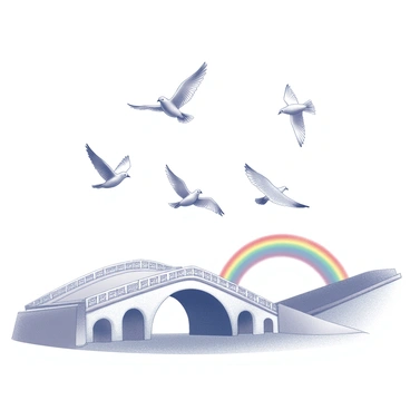 Several "hirondelles" are soaring gracefully in the sky. They are depicted in mid-flight, with their wings spread wide and their bodies angled as they glide through the air. Below them, a "rainbow" stretches across the scene, creating an arch that is vibrant and detailed. The rainbow rests upon a "bridge," which is constructed from stone with intricate architectural features. The bridge has a series of arches and is adorned with decorative elements, enhancing its visual appeal. The landscape surrounding the bridge is open, allowing the viewer to appreciate the flight of the birds against the backdrop of the rainbow.