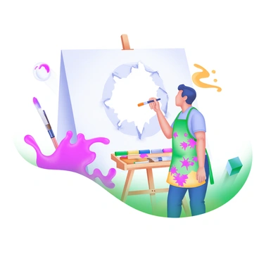 A painter standing in front of a canvas with a large tear, surrounded by colorful paint splatters.
