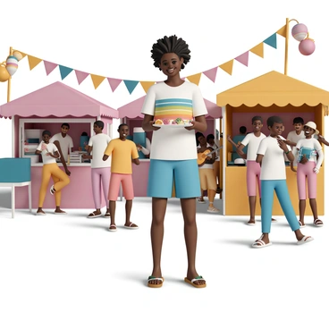 A person, wearing a colorful short-sleeve shirt, denim shorts, and flip-flops, stands amidst a lively local festival. They are smiling while holding a plate filled with various street foods, including tacos and skewers. Surrounding them are vibrant market stalls with bright banners and decorations. Musicians are performing nearby, with a guitarist and a drummer creating an energetic atmosphere. People of different ages are dancing, laughing, and enjoying the festivities in the background. The scene is filled with bright colors and joyful expressions, capturing the essence of a bustling community celebration.