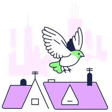 A bird is soaring through a dense layer of smog above city rooftops. The bird has muted feathers and appears to be straining its wings, struggling against the heavy air. Below, the rooftops are a variety of shapes and sizes, including flat-topped buildings and pointed rooftops, some with antennas sticking up. In the background, hazy outlines of distant skyscrapers are barely visible through the thick smog. The atmosphere gives a sense of difficulty and tension as the bird attempts to navigate through the challenging environment.